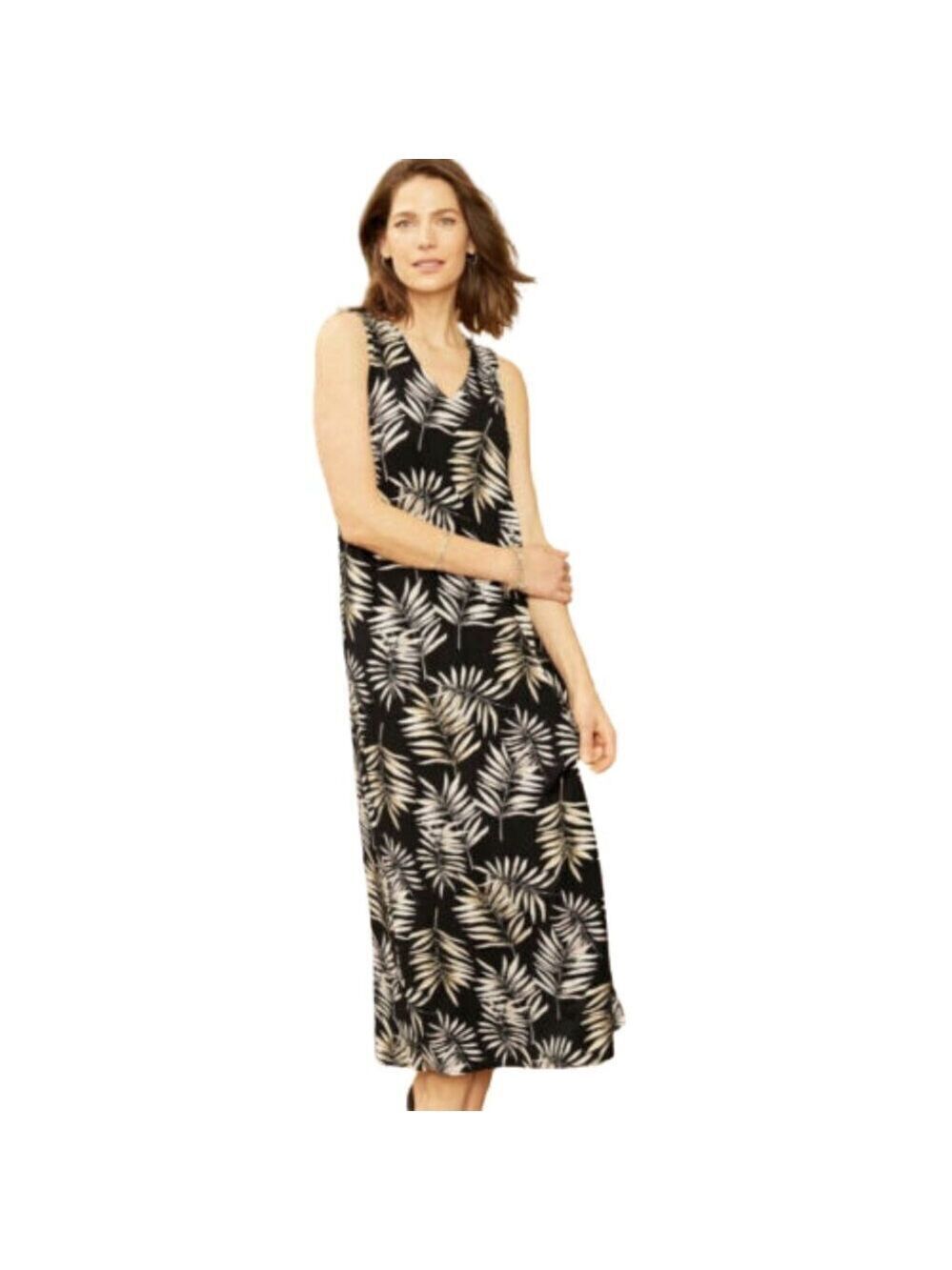 J. Jill Wearever Black Tropical Leaf Sleeveless Jersey Knit Maxi Dress Sz S